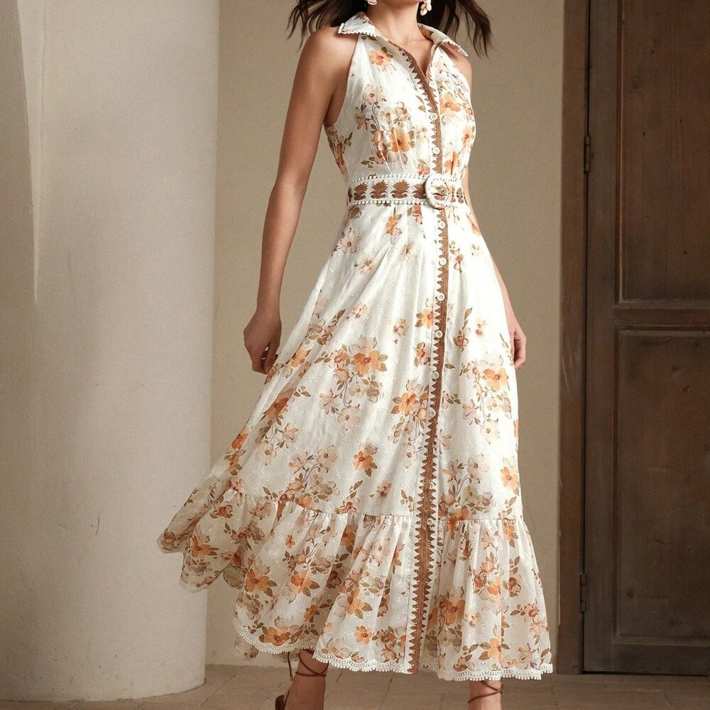 Orange Elegant Women's Sleeveless Floral Print Dress - Picture 10 of 13